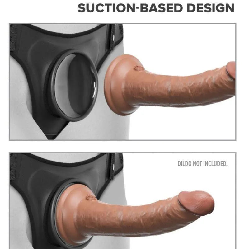 Harnais noir sans anneaux avec ventouse, plaque corporelle rembourrée, bretelles amovibles, compatible gode non inclus.
