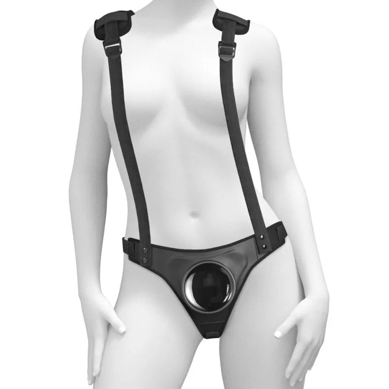Harnais strap-on noir sans anneaux, ventouse centrale, bretelles ajustables, plaque corporelle rembourrée pour confort opt...