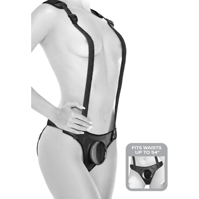 Harnais strap-on noir sans anneaux, ajustable, bretelles amovibles, plaque corporelle rembourrée, ergonomique et sécurisé.
