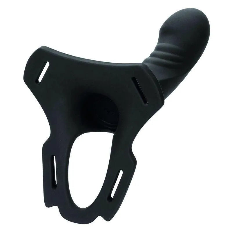 Harnais strapon noir en silicone avec gode incurvé, sangles ajustables, design ergonomique, rechargeable, 10 fonctions.
