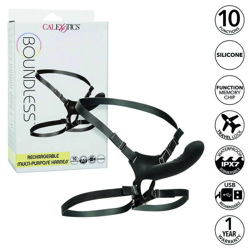 Harnais strapon silicone noir rechargeable, sangles ajustables, 10 vibrations, design incurvé, boîte incluse.