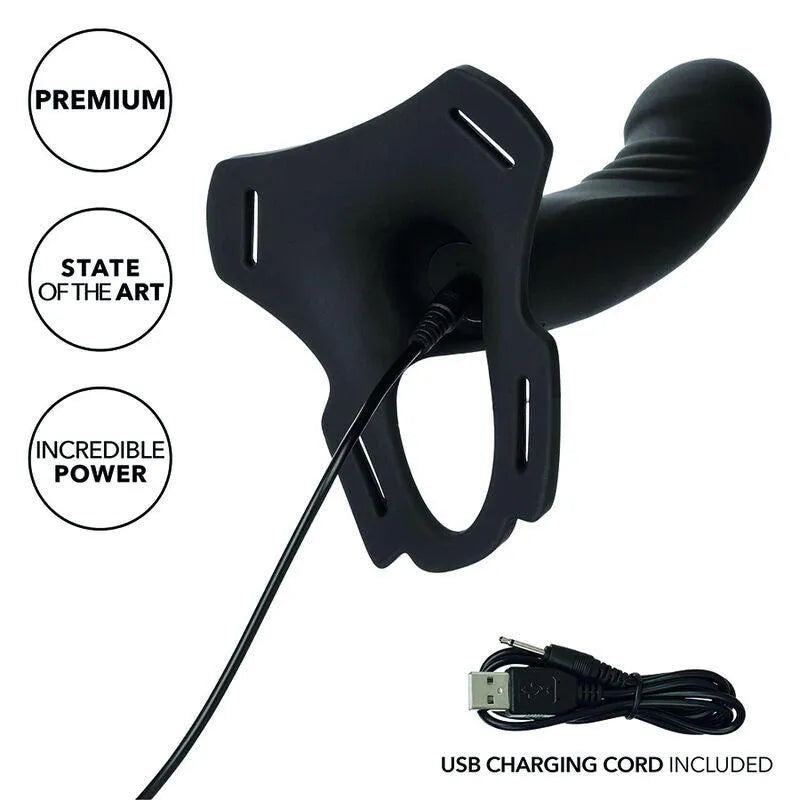 Harnais strapon noir en silicone rechargeable, forme incurvée, sangles ajustables, câble USB inclus, 10 modes vibration.