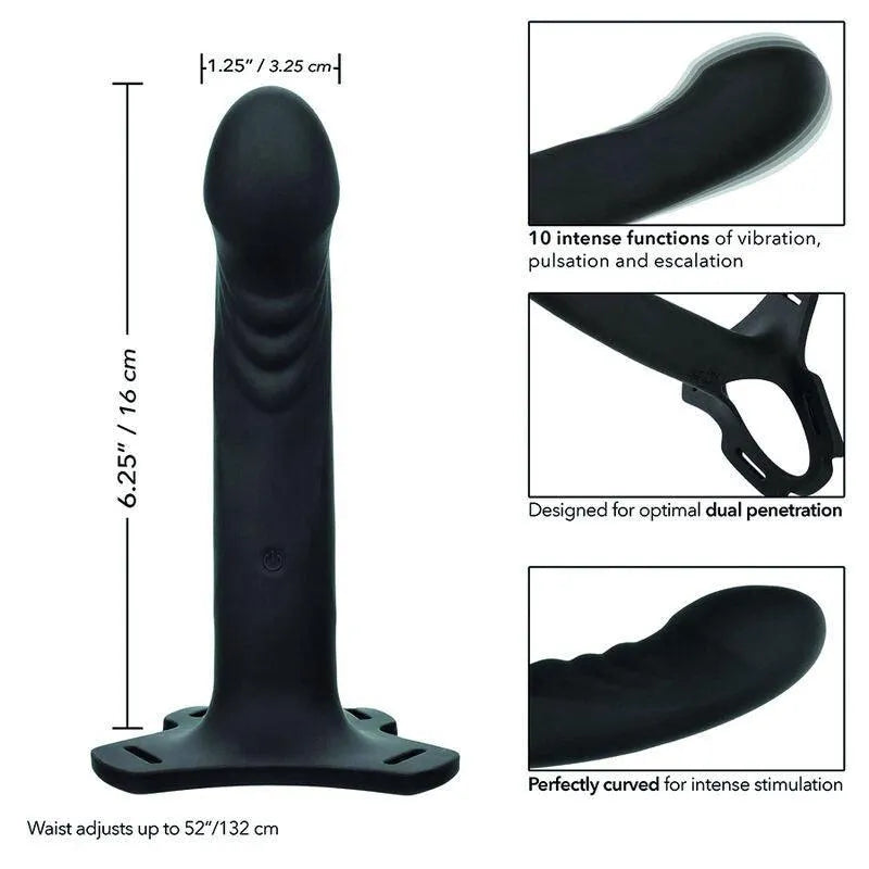 Harnais strapon silicone noir, forme incurvée, 10 fonctions vibration, sangles réglables, stimulation intense.
