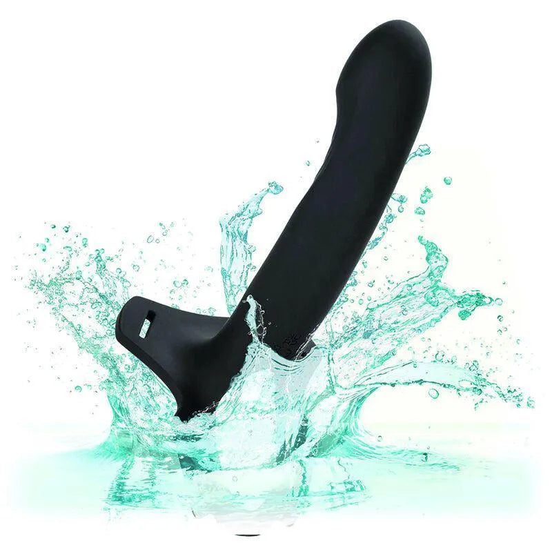 Harnais strapon noir en silicone rechargeable, forme incurvée, vibrations puissantes, sangle ajustable, confort optimal.