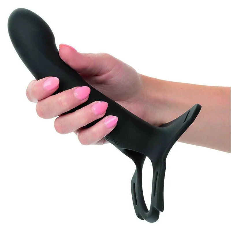 Harnais strapon noir en silicone rechargeable, sonde incurvée, sangles ajustables, 10 fonctions vibration et pulsation.