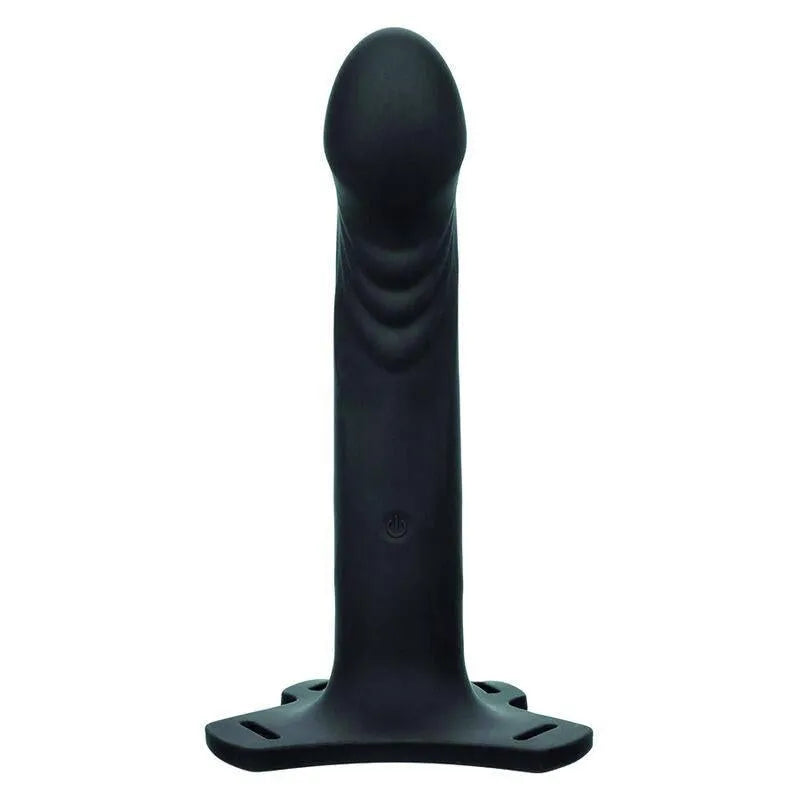 Harnais strapon silicone noir rechargeable, forme incurvée, sangles réglables, 10 fonctions vibration, confort optimal.