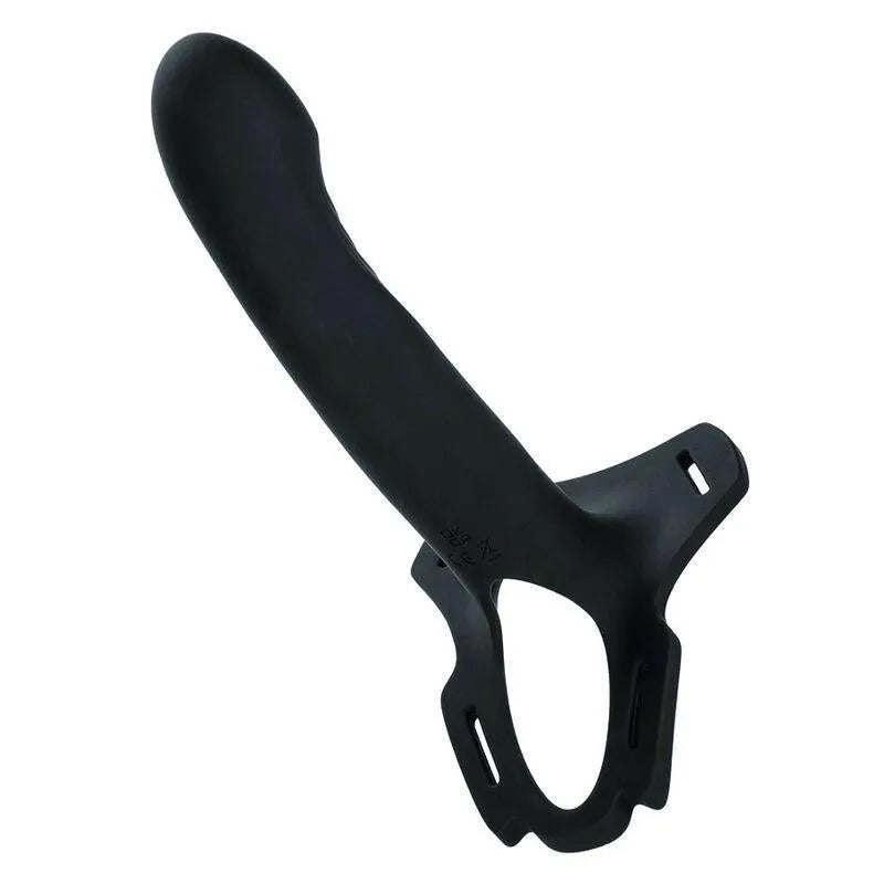 Harnais strapon noir en silicone, forme incurvée, sangle réglable, rechargeable, 10 fonctions vibration et pulsation.