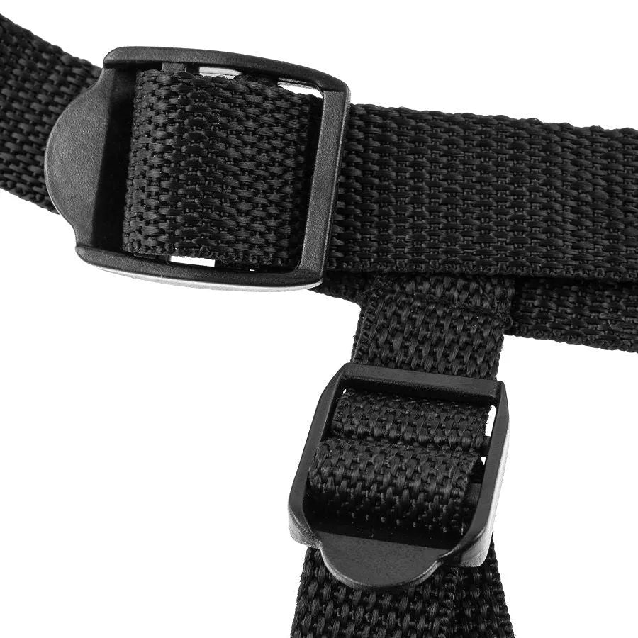 Harnais néoprène noir réglable avec sangles robustes et joint torique silicone, pour confort et liberté de mouvement.