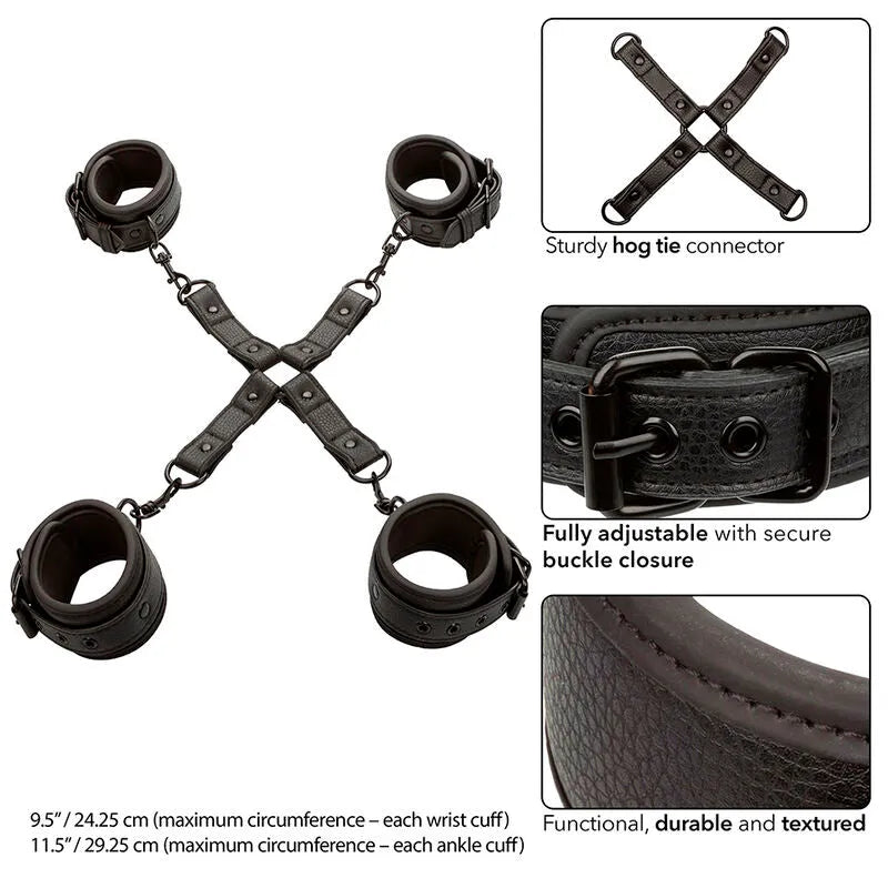 Harnais bondage noir réglable avec anneaux pivotants, fermetures à boucle sécurisées, idéal pour débutants BDSM.