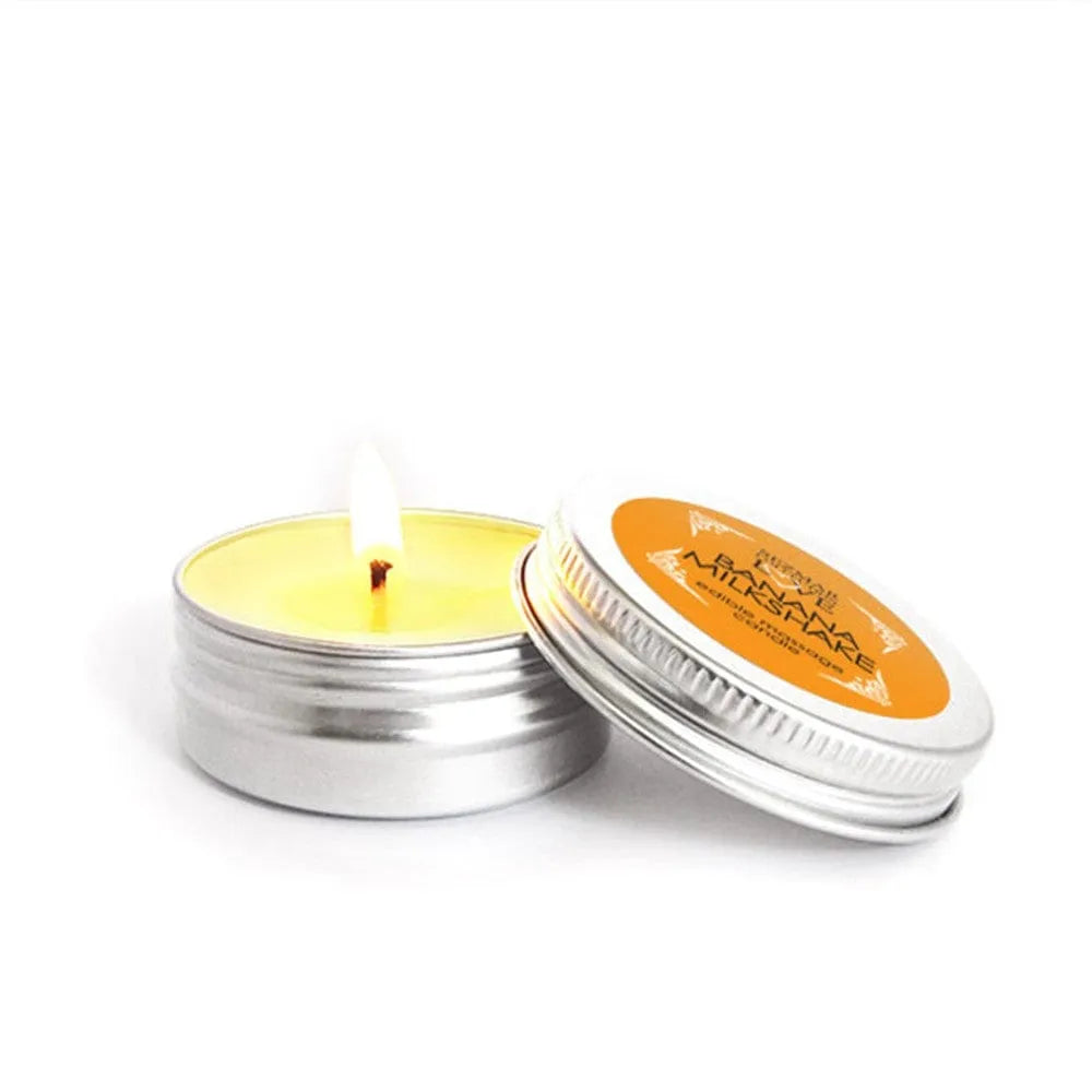Bougie huile massage parfumée banane gourmande sensuelle relaxante nourrissante fondante crémeuse cacao karité sésame cire abeille mini 30ml