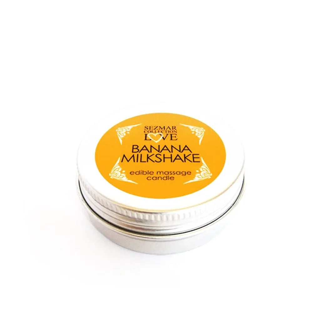 Bougie de massage parfumée banane gourmande, pot rond métal, étiquette jaune, 30ml, relaxation sensuelle.