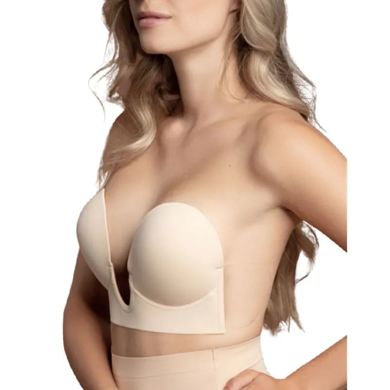 Soutien-gorge beige style U sans bretelles, décolleté plongeant, idéal pour dos nu, réutilisable jusqu'à 25 fois.