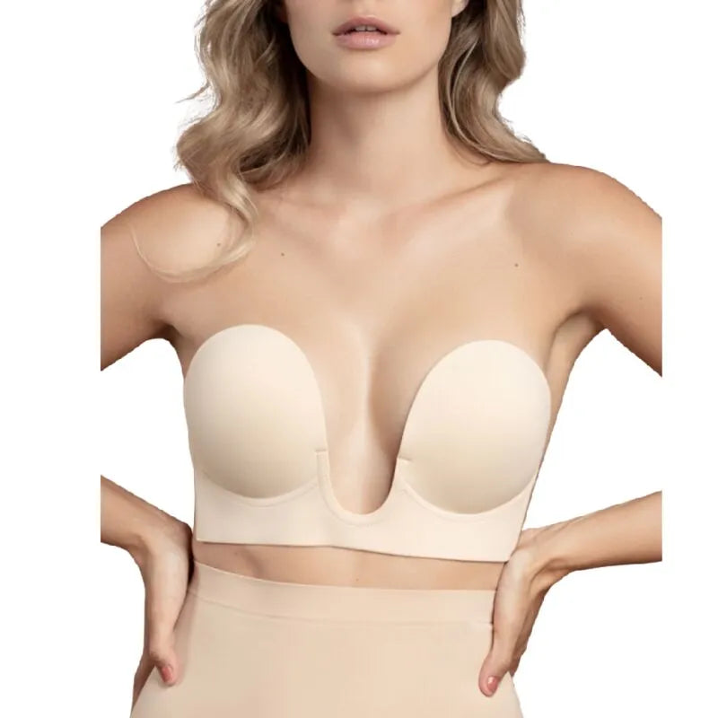 Soutien-gorge beige style U sans bretelles, idéal pour décolletés plongeants et dos nu, réutilisable jusqu'à 25 fois.