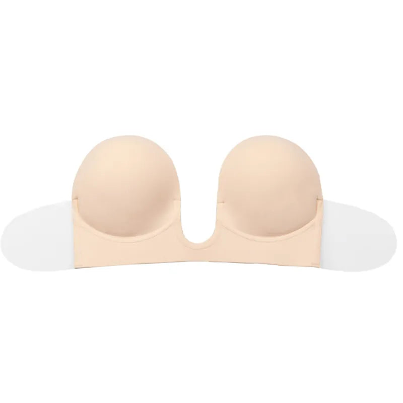 Soutien-gorge beige style U sans bretelles, adhésif, idéal pour décolletés plongeants et dos nu, réutilisable.