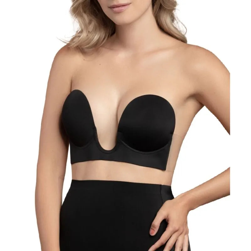 Soutien-gorge noir style U sans bretelles, décolleté plongeant, idéal pour dos nu, réutilisable jusqu'à 25 fois.