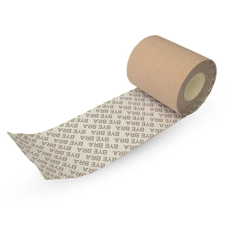 Bande adhésive Bye Bra beige extensible, imperméable, 65mm x 5m, pour maintien discret et confortable, résistante à la sueur.