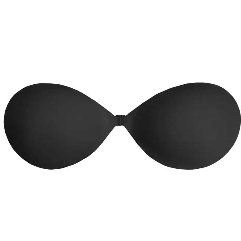 Soutien-gorge invisible noir sans bretelles, forme lisse et incurvée, idéal pour tenues dos nu, réutilisable 50 fois.