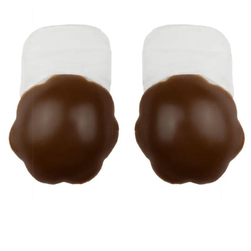 Élévateurs poitrine silicone brun réutilisables, forme ergonomique, adhésifs invisibles, taille XL, effet rehausseur naturel.