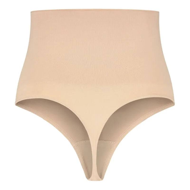 String taille haute beige sans couture, façonnant et lissant, en polyamide et élasthanne, pour un confort quotidien optimal.
