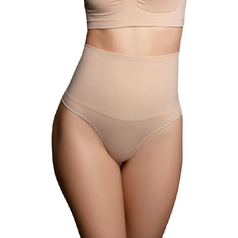 String taille haute beige, shapewear sans couture, soutien et lift des fesses, confort quotidien, 90% polyamide, 10% élast...