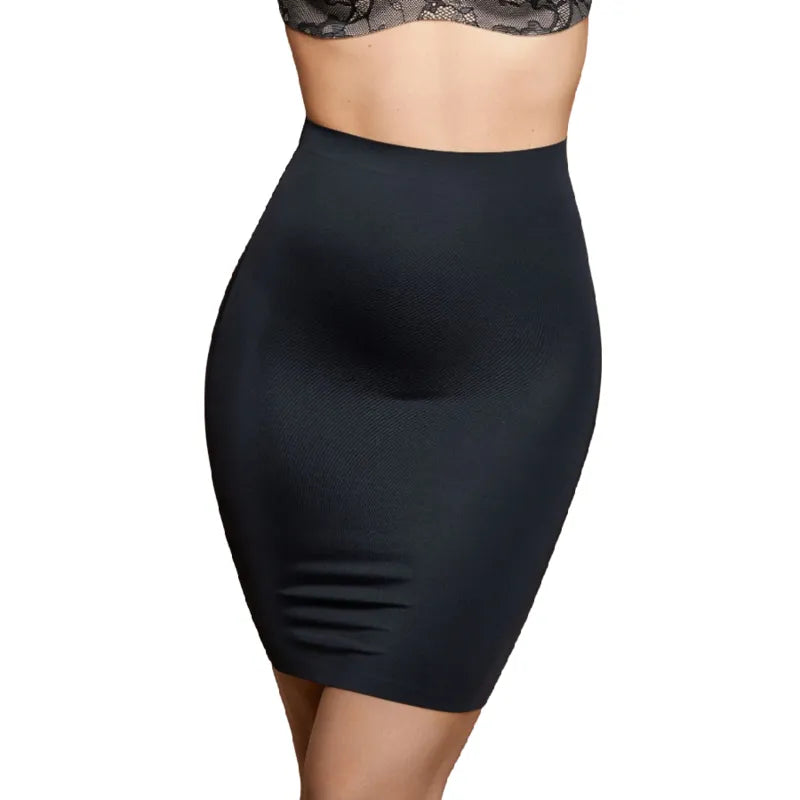 Jupe invisible noire Bye Bra, contrôle léger, longueur genou, taille haute, microfibre douce, sous-vêtements lissants.