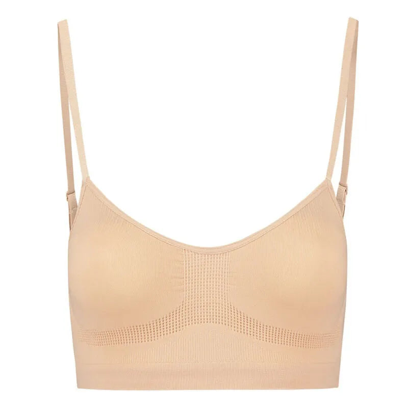 Soutien-gorge beige sans couture, contrôle moyen, bretelles fines, design lisse, 90% polyamide, 10% élasthanne.