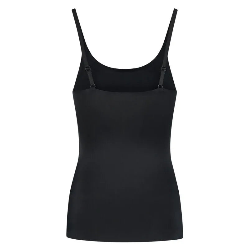 Débardeur noir femme microfibre, bretelles réglables, sans couture, effet sculptant, léger et discret, style seconde peau.