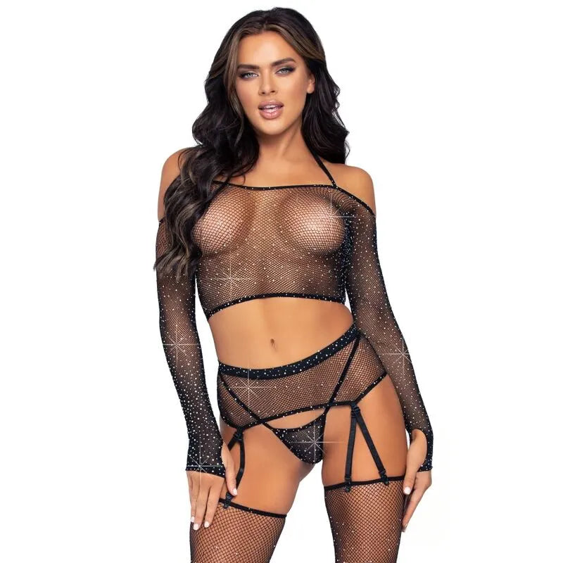 ensemble lingerie résille noire strass quatre pièces haut court string portejarretelles bas assortis nylon élasthanne extensible unique réglable glamour sensuel