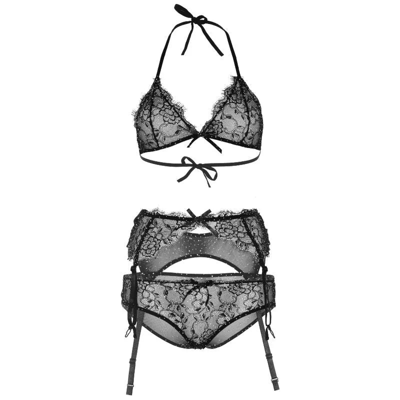 Ensemble lingerie noir dentelle strass, soutien-gorge, porte-jarretelles, culotte, taille M, glamour et confort Leg Avenue.