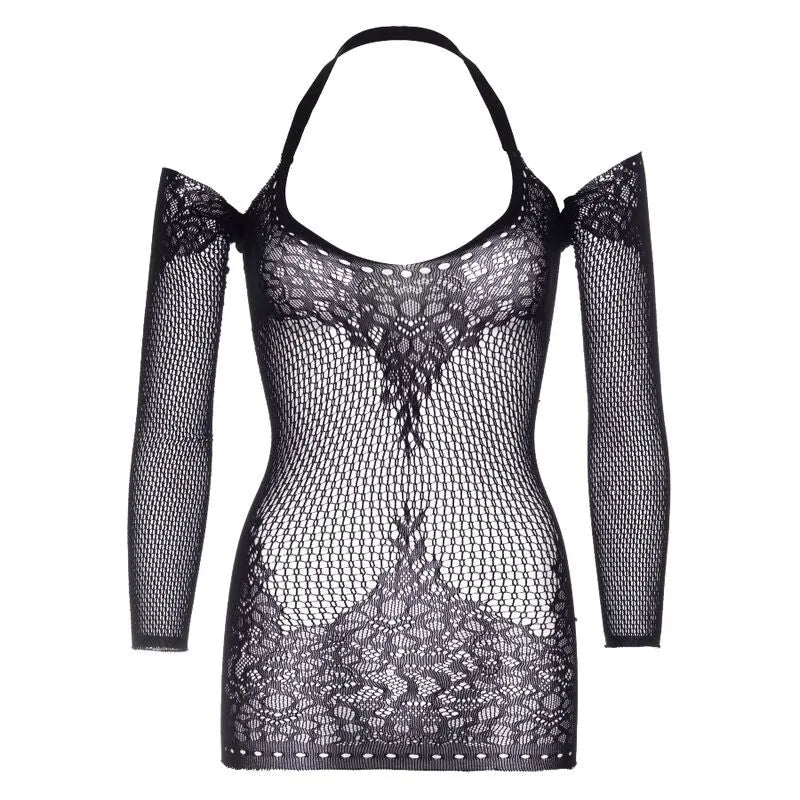 mini robe dentelle filet dos nu torsadé noir manches longues sans couture extensible effet seconde peau taille unique