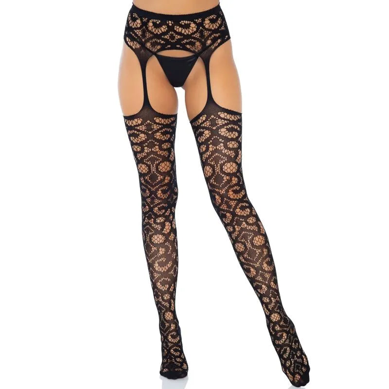 bas dentelle volutes portejarretelles intégré maintien confort nylon élasthanne taille unique féminin séduisant raffiné élégant glamour romantique sophistiqué sublimer silhouette