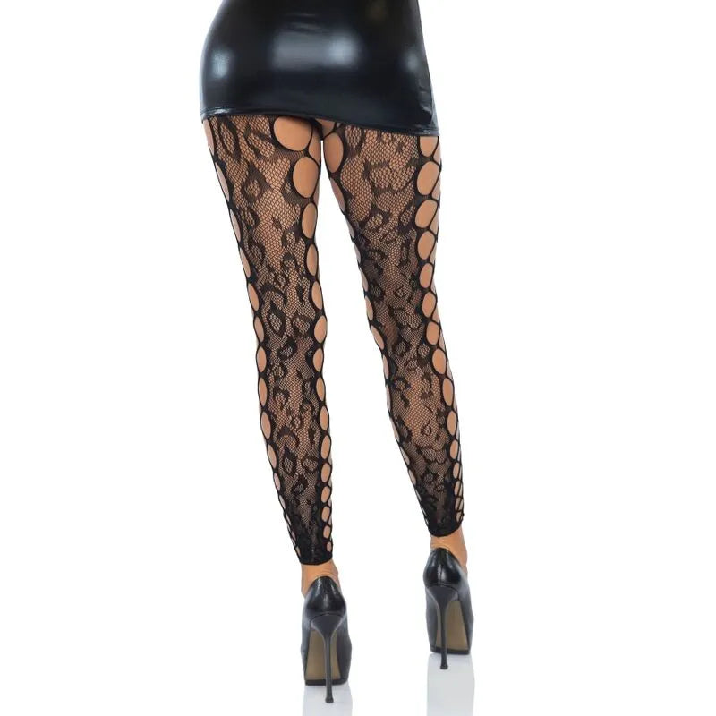 Collants sans pieds dentelle léopard noir avec panneaux filet, design sexy et élégant, taille unique extensible.