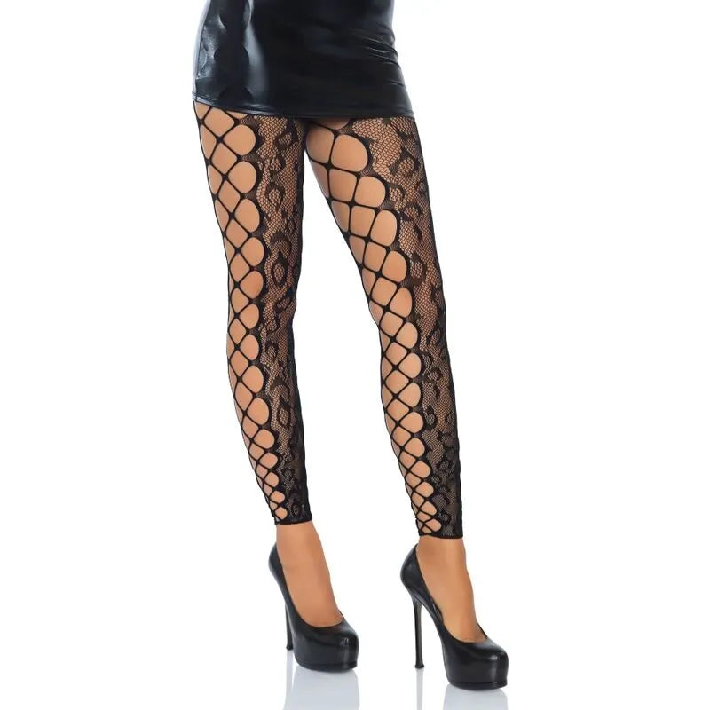 Collants sans pieds dentelle léopard noir, panneau filet, taille unique, élégant et audacieux, sublimant la silhouette.