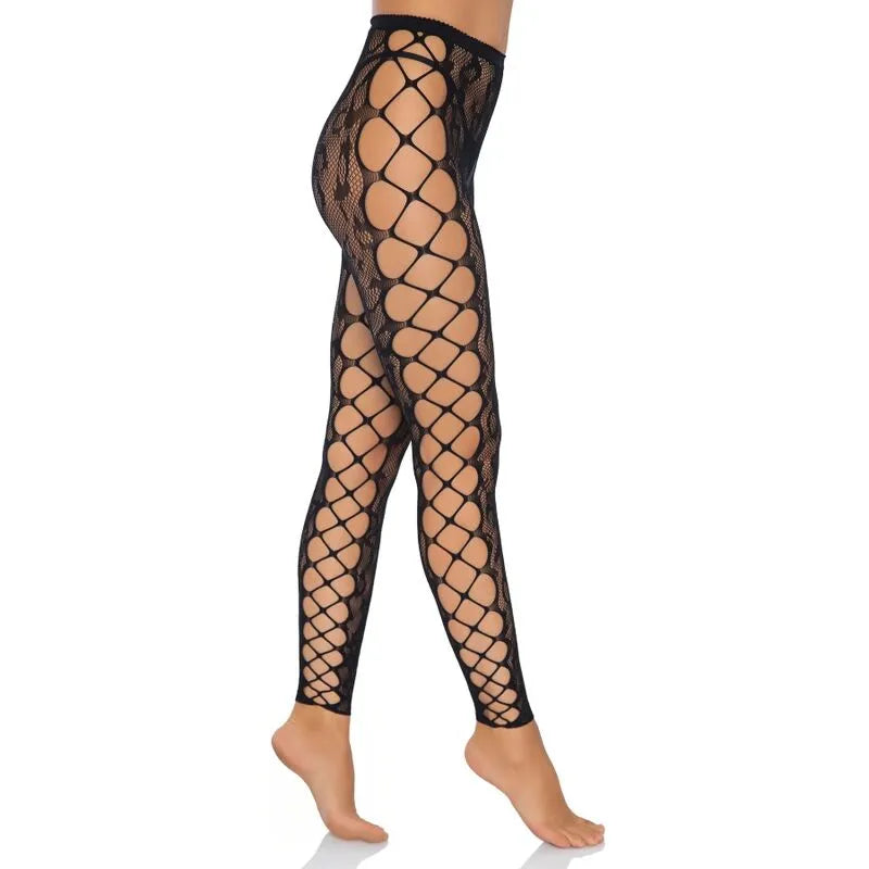 Collants sans pieds noirs dentelle léopard, panneau filet latéral, taille unique, style sexy et élégant.