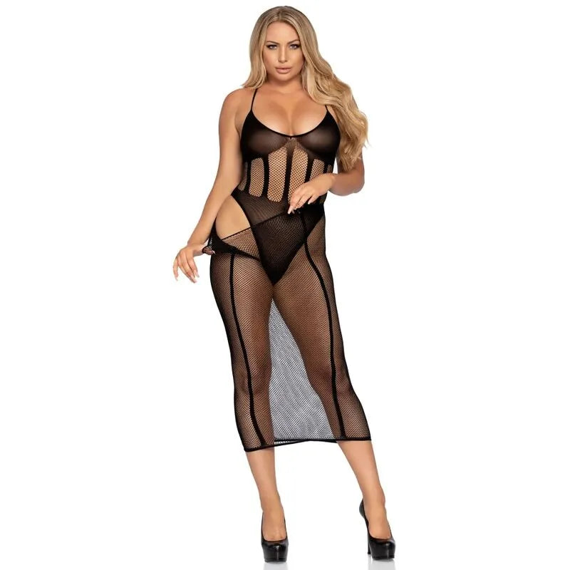 Ensemble body résille noir opaque avec jupe assortie, design sexy et élégant, idéal pour soirées glamour et séduction.