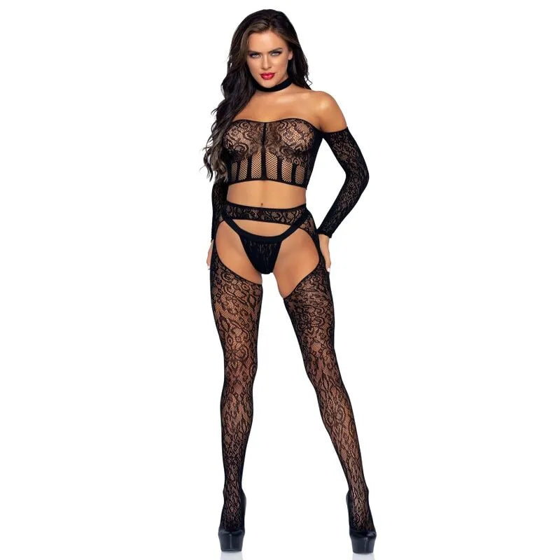 Ensemble lingerie dentelle noir manches longues dos nu, porte-jarretelles et string, élégant et séduisant, Leg Avenue.