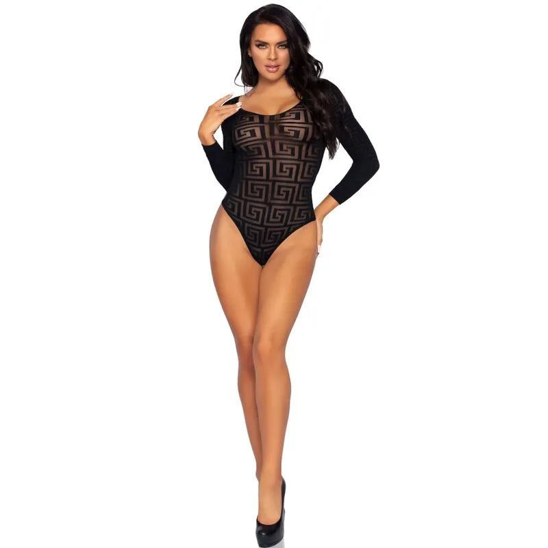 Body Leg Avenue noir transparent à motifs mosaïque, manches longues, entrejambe pressionné, élégant et féminin.