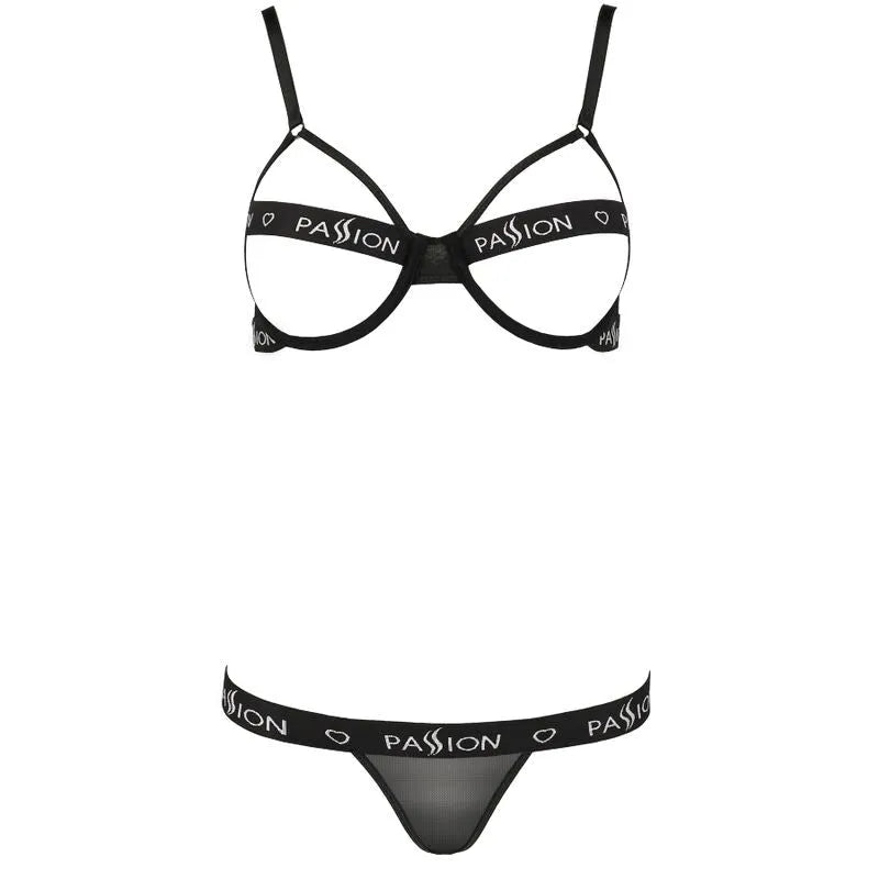 Ensemble lingerie noir Passion Kyouka, soutien-gorge ouvert, bretelles réglables, armatures, culotte assortie, élégant.