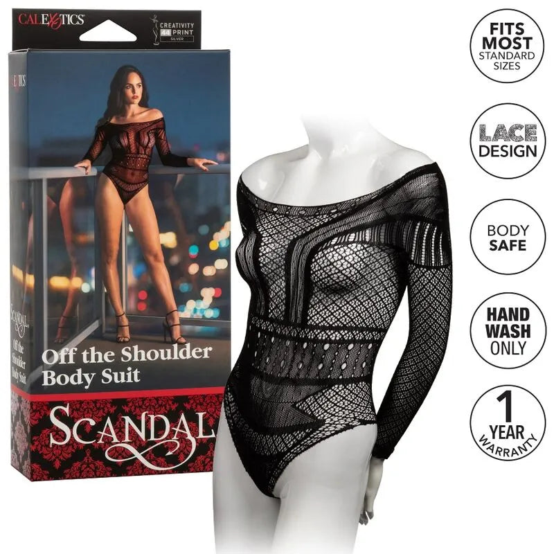 Body noir épaules dénudées en maille respirante, design sexy et ajusté, présenté sur mannequin et emballage Scandal.
