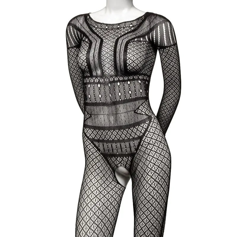 Combinaison dentelle noire pleine longueur, sans entrejambe, ajustée, maille respirante, élégante et sensuelle.