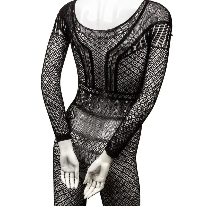 Combinaison dentelle noire pleine longueur, maille transparente, ajustée, sans entrejambe, élégante et sensuelle.