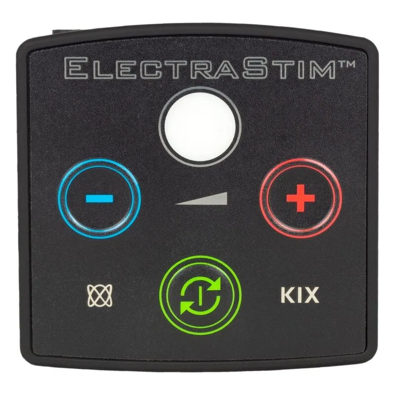 Stimulateur ElectraStim KIX noir, boutons colorés, design compact, idéal débutants électro-sexe, intensité ajustable.