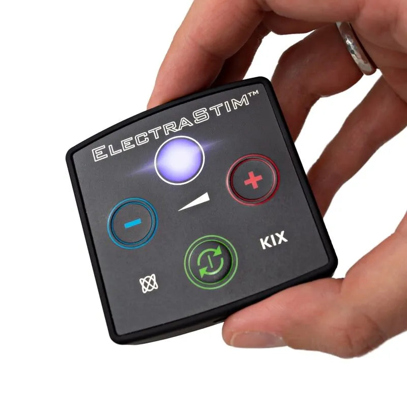 Stimulateur ElectraStim KIX noir compact avec boutons colorés, idéal pour débutants en électro-sexe, design ergonomique.
