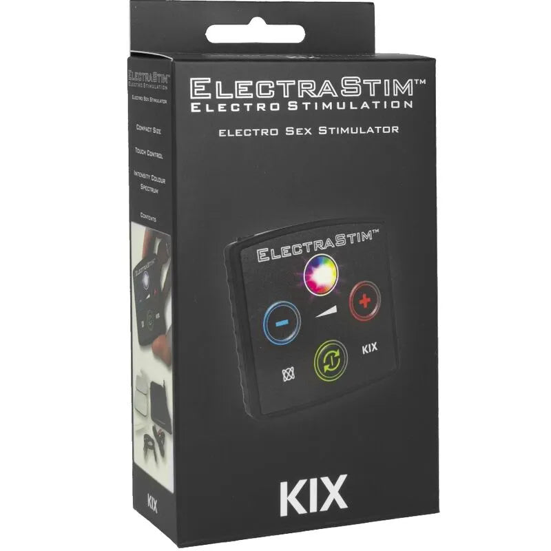 Boîte noire de l'ElectraStim KIX, électrostimulateur compact pour débutants, avec boutons colorés et logo visible.