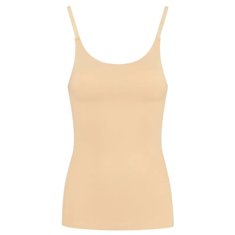 Débardeur beige microfibre femme, bretelles fines réglables, ajustement parfait, silhouette lissante, confort invisible.