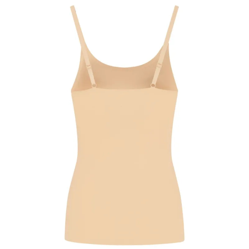 Débardeur beige microfibre femme, bretelles fines réglables, ajustement parfait, silhouette lissante, confort invisible.