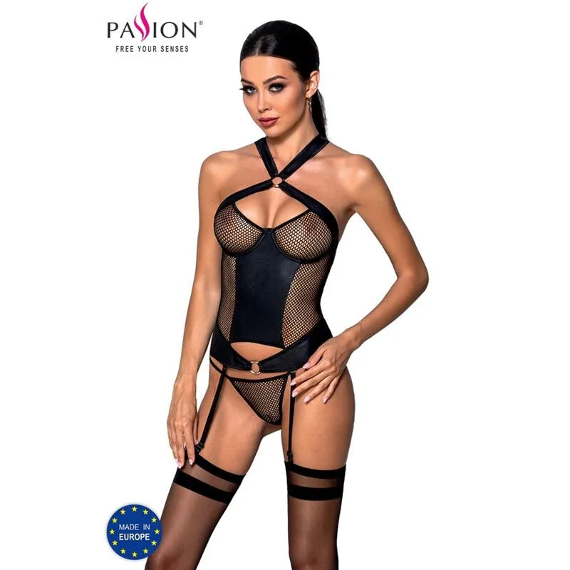 corset Passion Amanda cuir écologique maille transparente joints dorés bonnets armatures maintien bretelles réglables taille LXL confort élégant