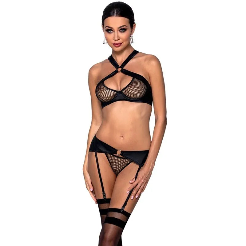 soutien-gorge cuir résille empiècements dorés lingerie Passion femme moderne
