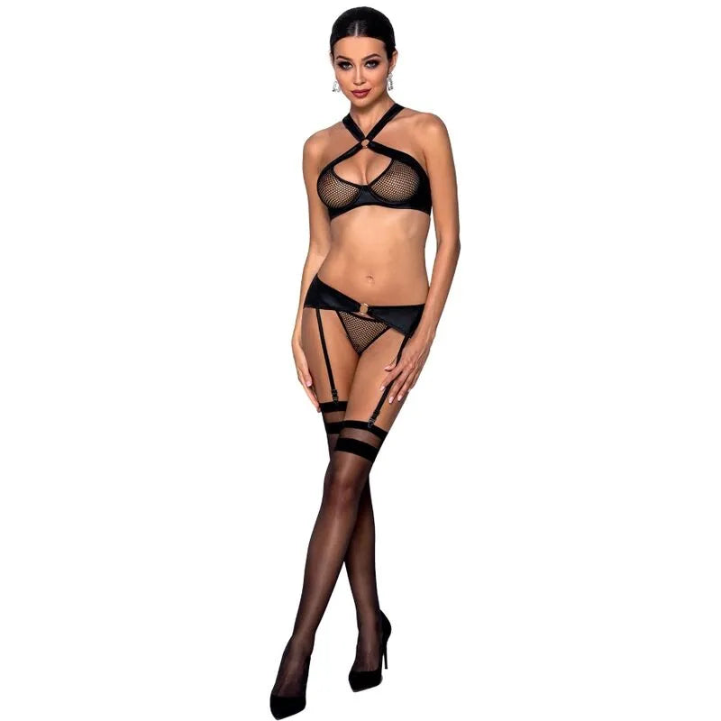 soutien-gorge cuir résille empiècements dorés lingerie Passion femme moderne