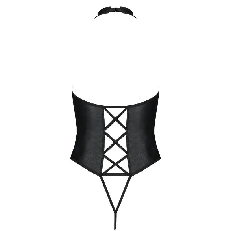 Lingerie sensuelle cuir noir décolleté profond bretelles croisées peluche Nancy audacieuse élégante confortable glamour moderne innovante durable européenne coffret réutilisable